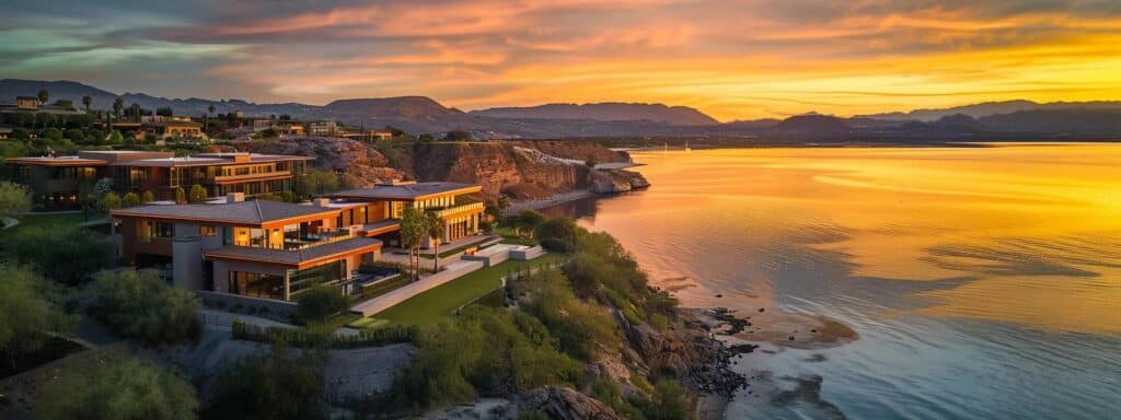 a breathtaking aerial view of an opulent saint george luxury property, showcasing modern architectural lines harmonized with lush coastal landscapes under a vibrant sunset sky.