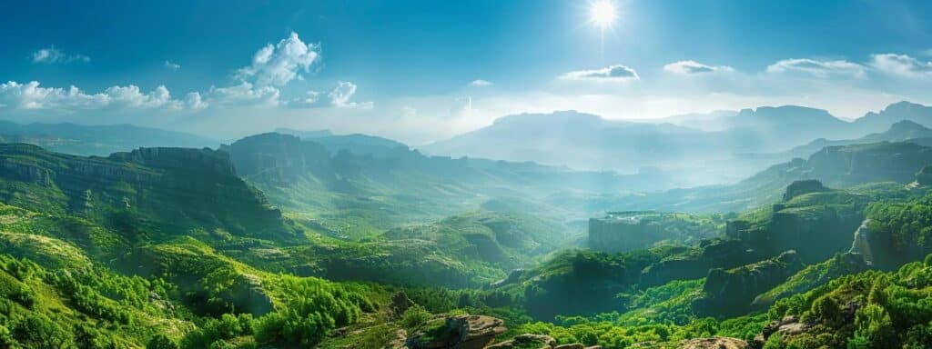 a breathtaking panoramic view of the vibrant landscapes of saint george, showcasing lush greenery and dramatic rock formations under a bright blue sky, symbolizing the promising investment opportunities in the region.