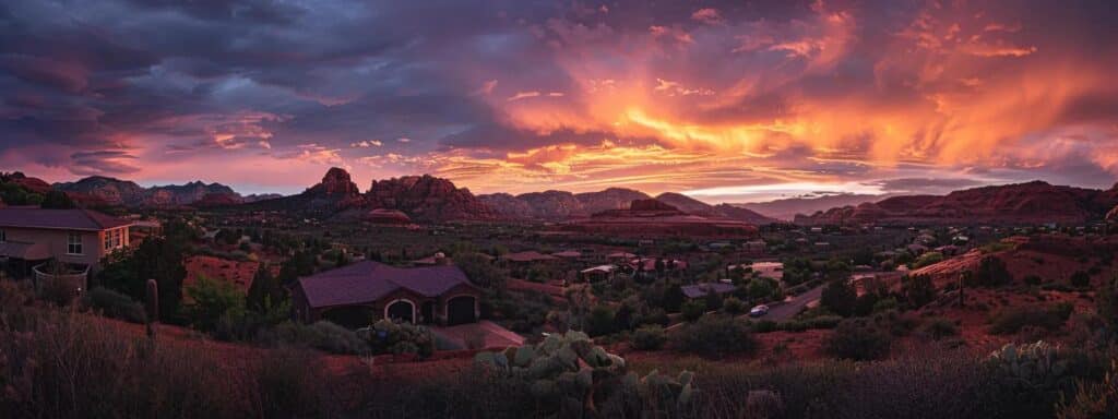 a breathtaking sunset casts a warm glow over a picturesque neighborhood in st. george, utah, highlighting vibrant desert flora and stunning red rock formations as the perfect backdrop for the dream home selection process.