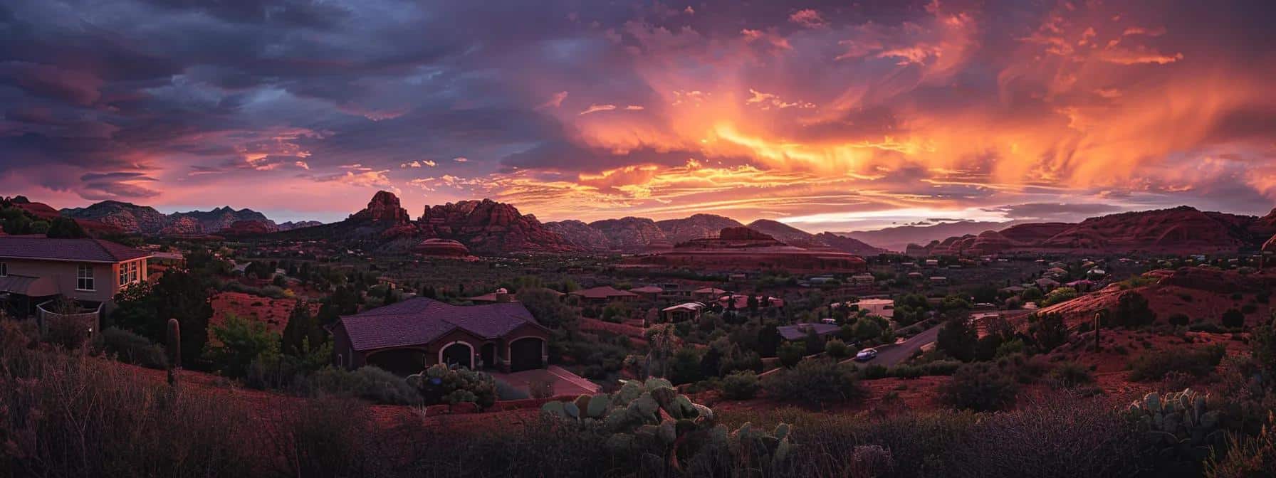 a breathtaking sunset casts a warm glow over a picturesque neighborhood in st. george, utah, highlighting vibrant desert flora and stunning red rock formations as the perfect backdrop for the dream home selection process.
