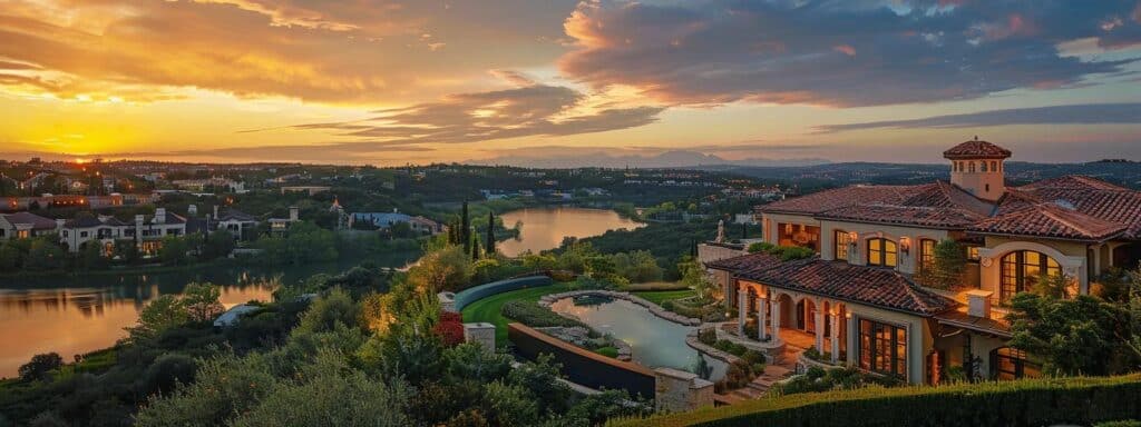 a breathtaking view of saint george's luxury homes, showcasing elegant architecture against a stunning sunset, surrounded by lush landscapes and serene waters.