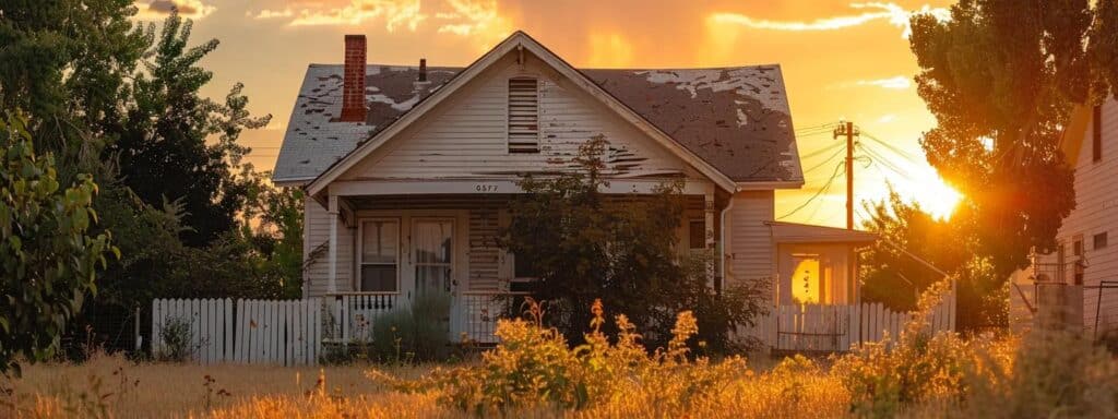 a dilapidated older home in saint george stands under a golden sunset, with peeling paint and overgrown weeds, symbolizing the common pitfalls of vintage properties.