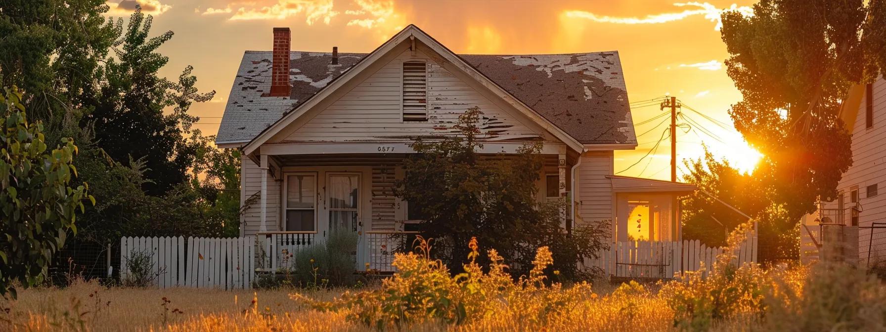 a dilapidated older home in saint george stands under a golden sunset, with peeling paint and overgrown weeds, symbolizing the common pitfalls of vintage properties.