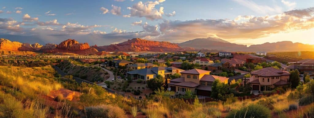 a panoramic view of a vibrant st. george neighborhood, showcasing modern homes with red rock formations in the background, bathed in the warm glow of a golden sunset.