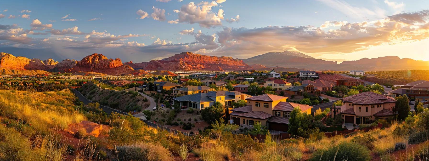 a panoramic view of a vibrant st. george neighborhood, showcasing modern homes with red rock formations in the background, bathed in the warm glow of a golden sunset.