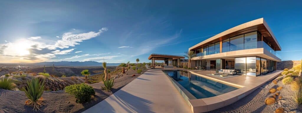 a panoramic view of saint george's vibrant real estate market, showcasing modern homes with stunning desert landscapes under a bright blue sky, capturing the essence of thriving community life.
