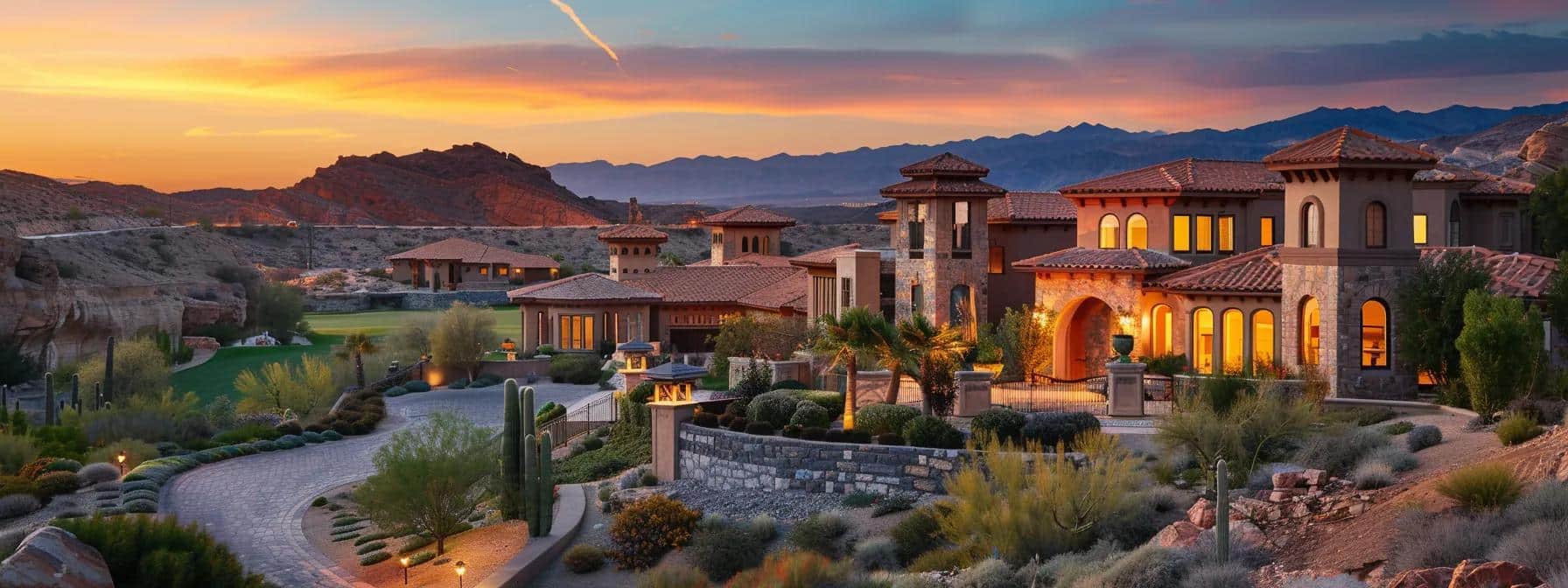 a picturesque view of an exclusive neighborhood in saint george, showcasing luxurious homes nestled among vibrant desert landscapes, illuminated by the warm, golden light of a setting sun.