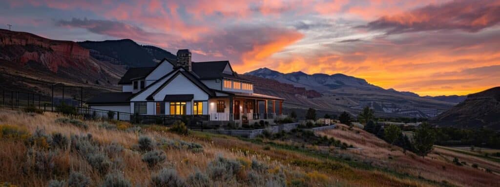 a serene utah landscape showcases a charming suburban home against a backdrop of majestic red rock formations under a vibrant sunset, symbolizing the hopeful journey of first-time home buyers.
