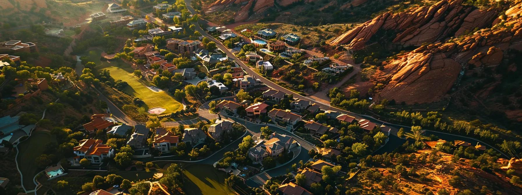 a stunning aerial view captures a vibrant neighborhood in saint george, showcasing a collection of modern homes surrounded by lush greenery and majestic red rock formations, symbolizing an investor's goldmine.