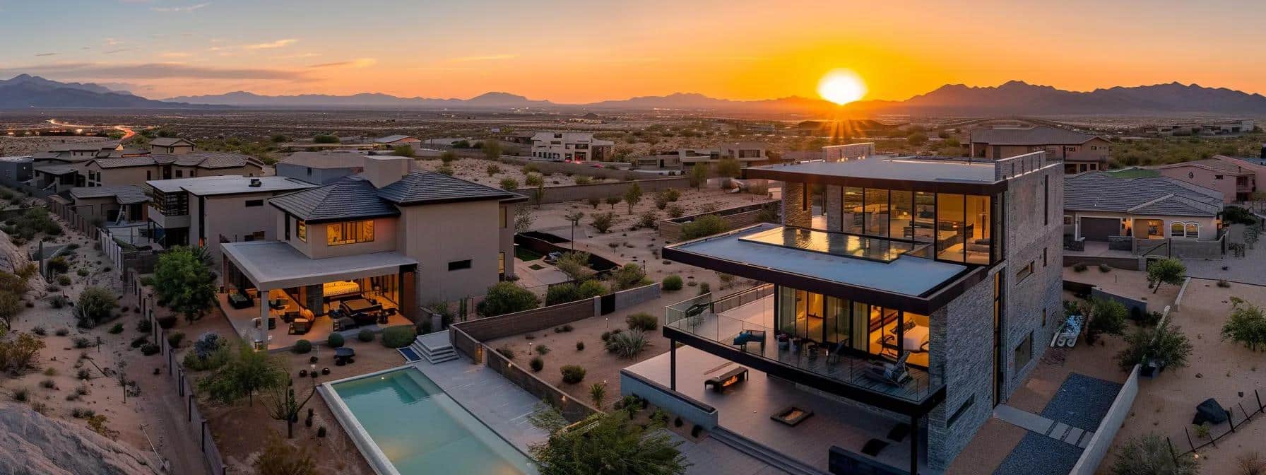a stunning aerial view of a modern new construction neighborhood in saint george, showcasing pristine homes nestled against a vibrant desert landscape, bathed in golden sunset light that highlights their innovative designs and inviting architecture.