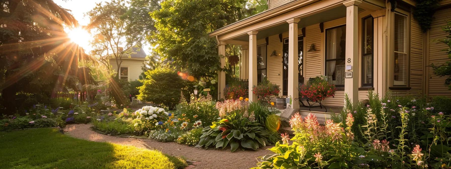 a vibrant and inviting scene showcasing the exterior of a charming saint george home during an open house, bathed in warm afternoon sunlight with blooming flowers in the foreground and a welcoming atmosphere.