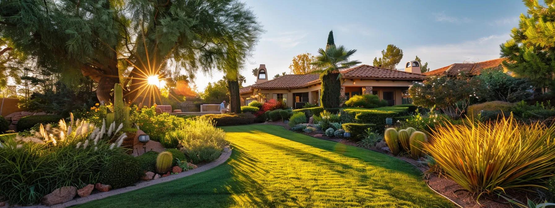 a vibrant landscape showcases a well-maintained home basking in the warm glow of the afternoon sun, surrounded by lush greenery and an inviting garden, symbolizing the seamless blend of energy efficiency and climate-conscious living in saint george.