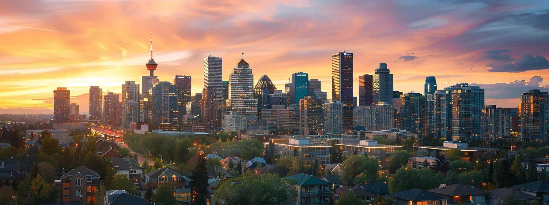 a vibrant skyline of saint george at sunset, showcasing modern rental properties that embody strong investment potential, with warm hues casting an inviting glow over the cityscape.