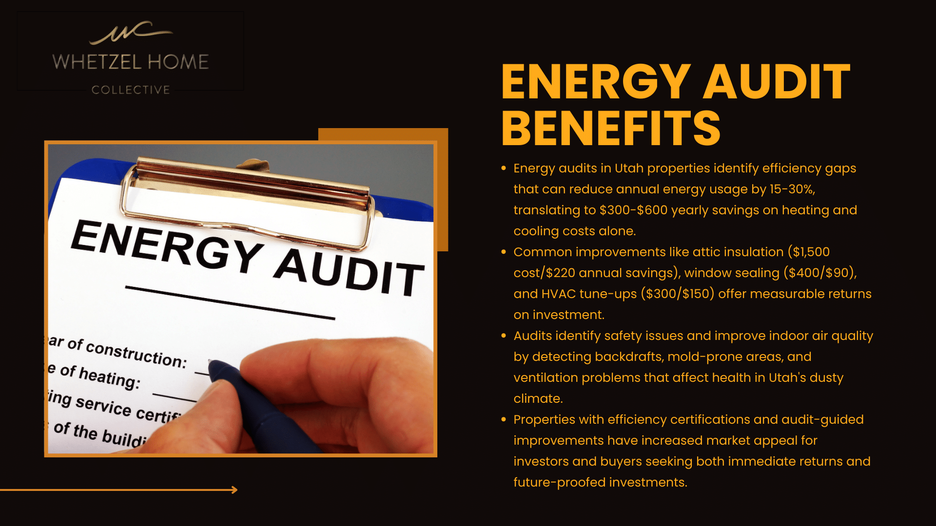 Document titled 'Energy Audit' on clipboard highlighting financial savings for property owners, by Whetzel Homes Collective.