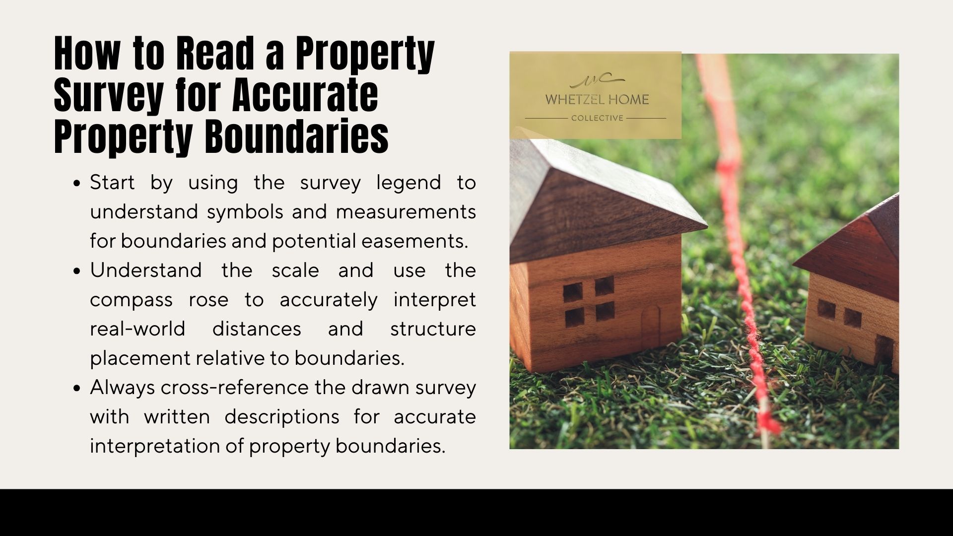 Wooden house model with property survey tape, illustrating how to read property boundaries for Whetzel Homes Collective.