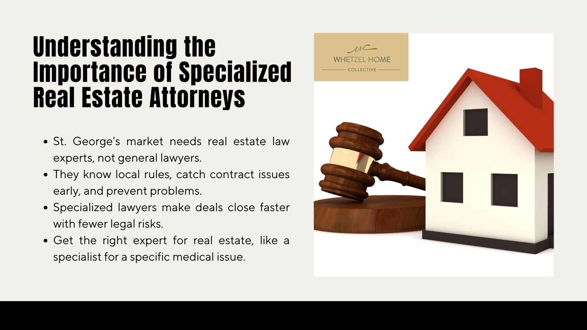 Real estate attorneys at Whetzel Homes Collective with gavel, house model, and St. George property law text.