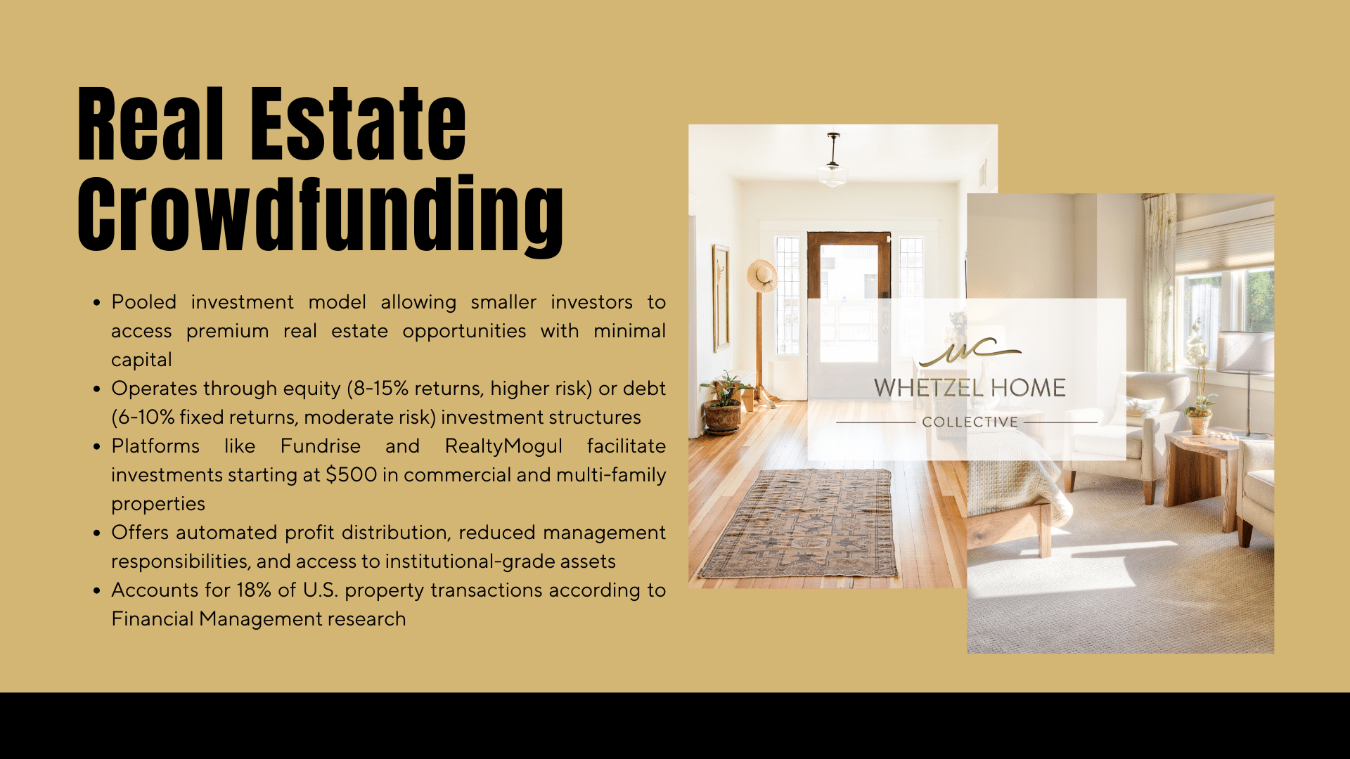 Real estate crowdfunding infographic featuring home interior, investment details, and Whetzel Home Collective branding.