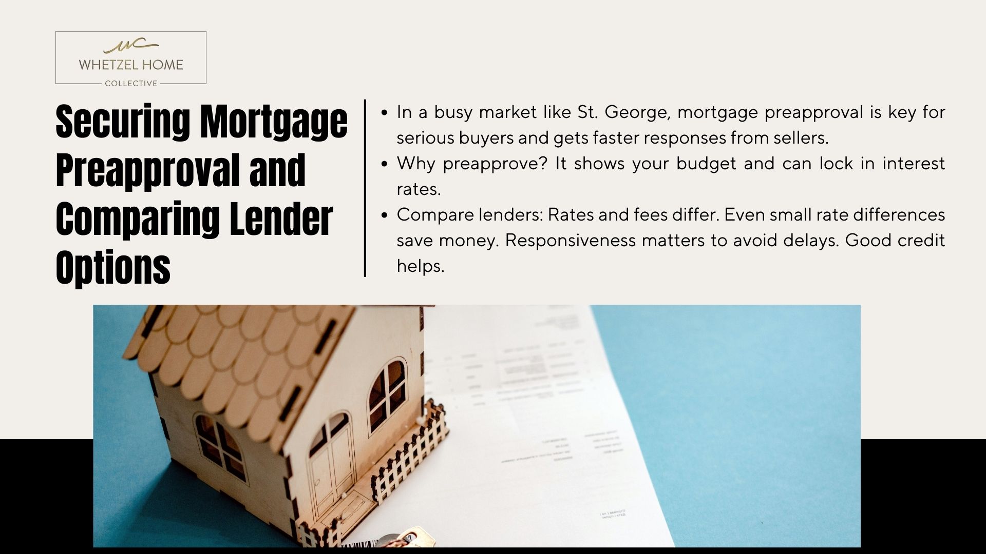 Model house and mortgage application showing mortgage preapproval importance for home buyers. Whetzel Homes Collective.
