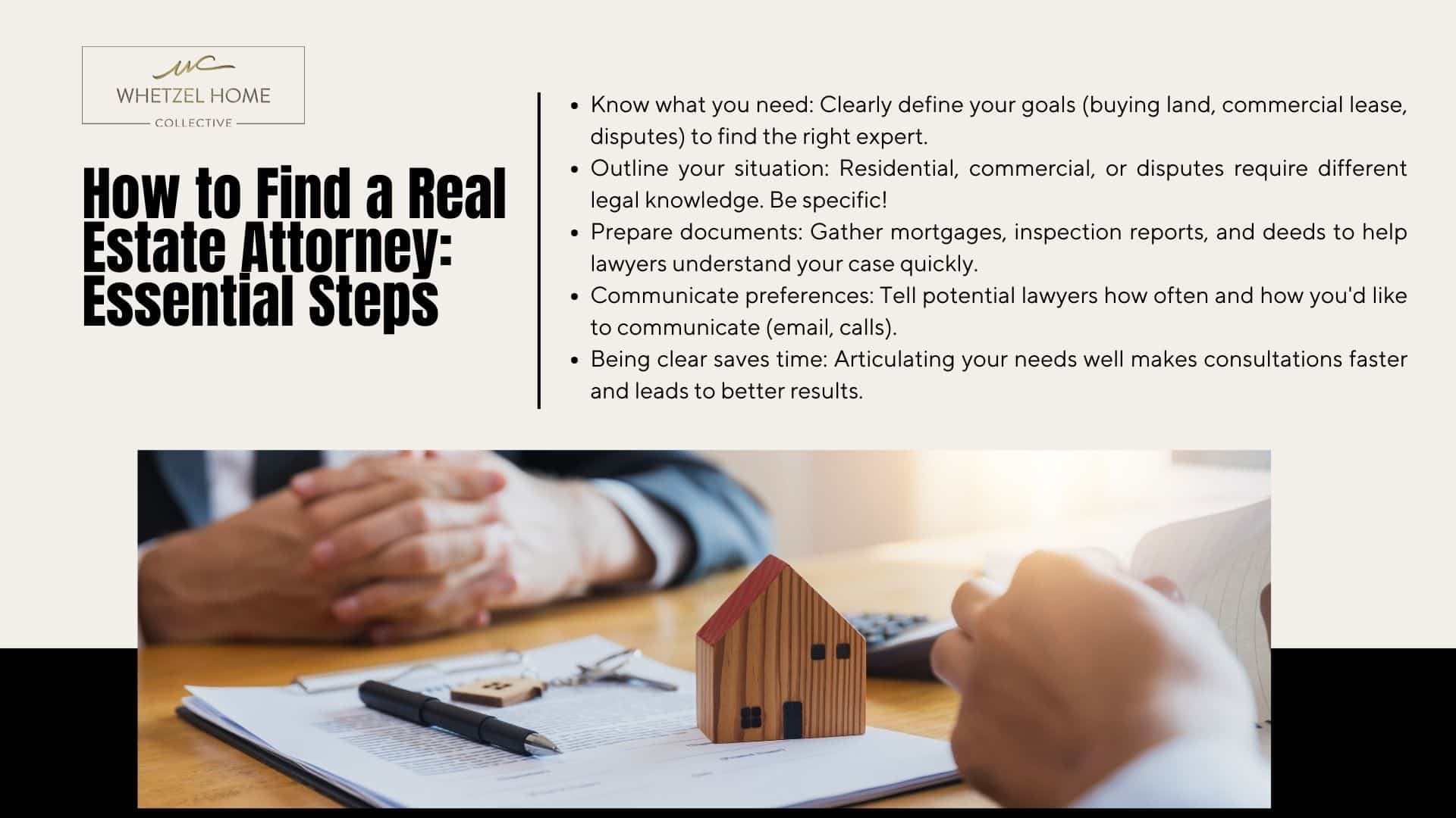 Two people discussing real estate with a model house, documents, and a title on finding a real estate attorney.