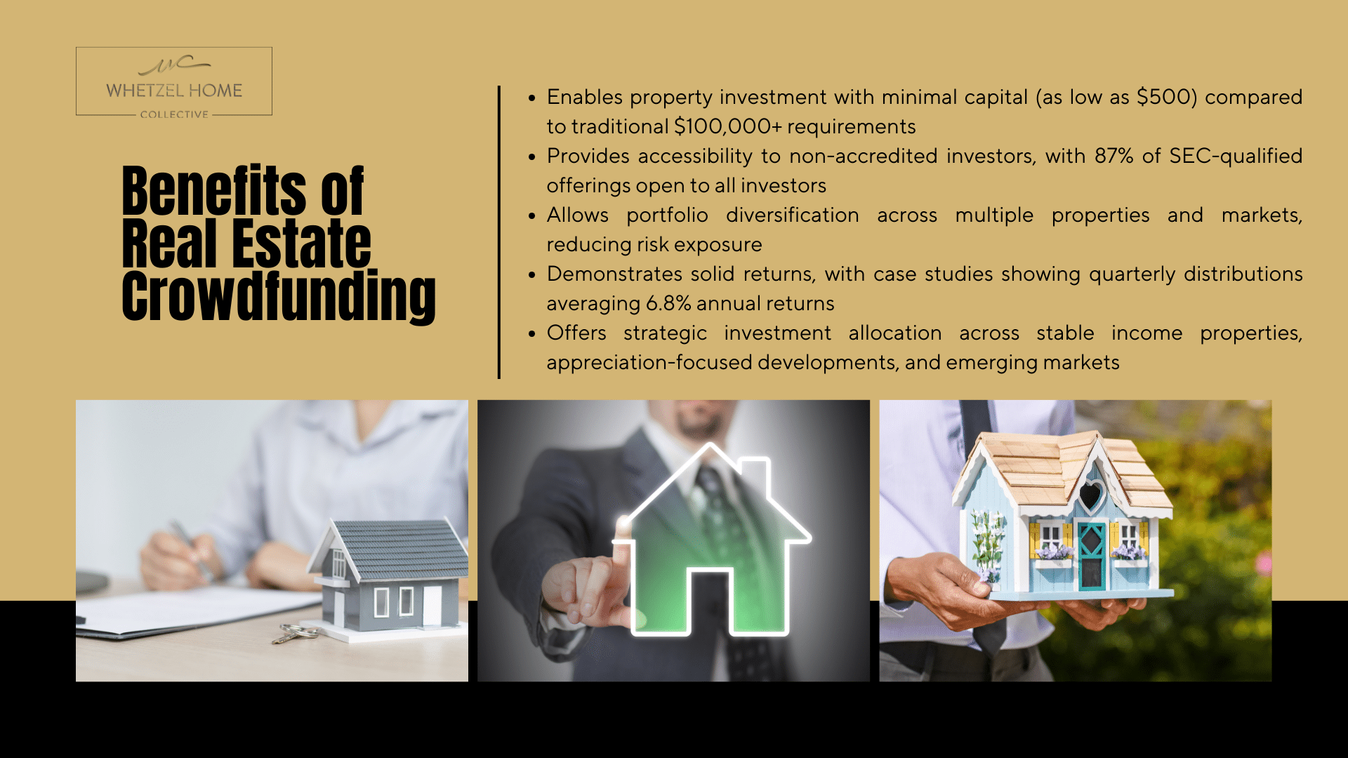 Infographic on real estate crowdfunding benefits by Whetzel Homes Collective, focusing on investment accessibility.