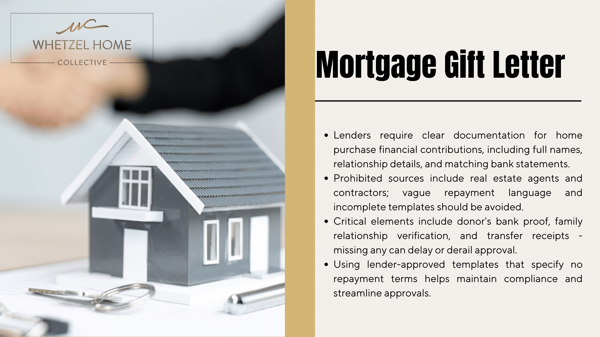 Illustration of a house model and handshake representing mortgage gift letter requirements by Whetzel Homes Collective.
