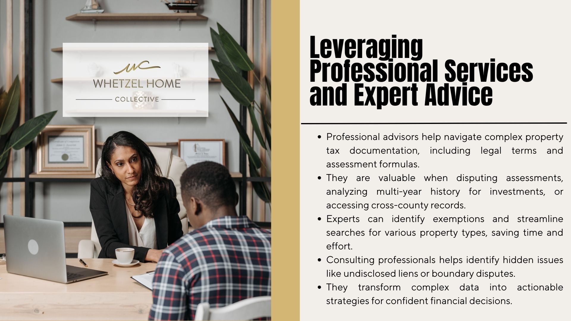 Advisor and client discussing property tax records in a modern office with Whetzel Homes.