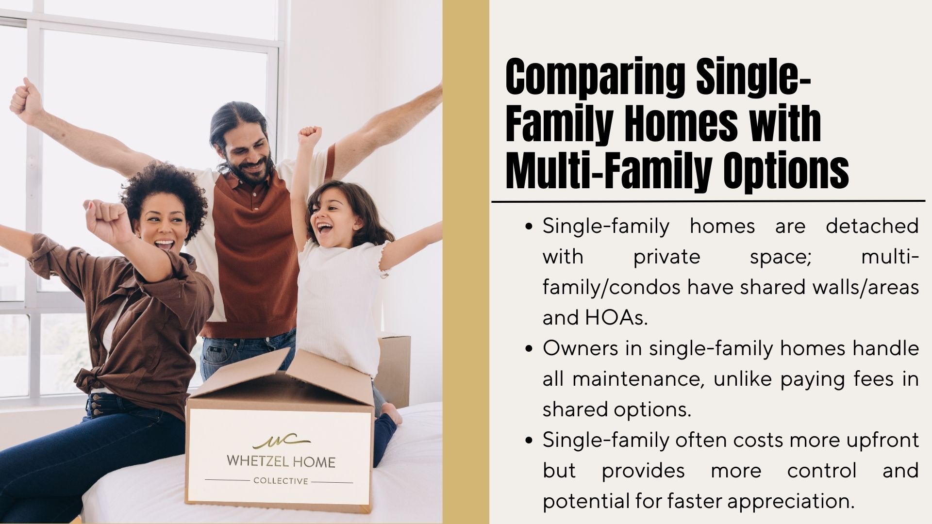 A family joyfully exploring single-family home options in a bright room with Whetzel Homes Collective branding on a box.