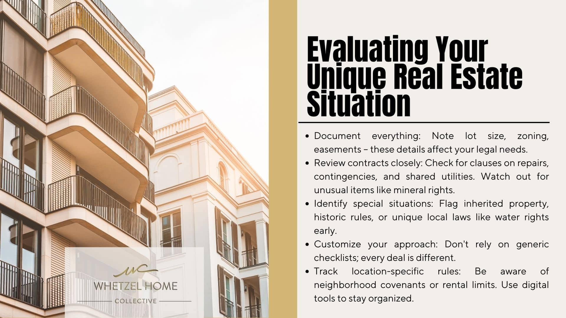 Image of real estate evaluation process featuring an apartment building and document checklist for Whetzel Homes Collective.