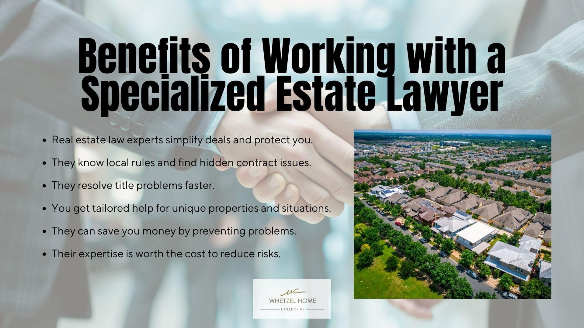 Estate lawyer and real estate professionals handshake over properties, showcasing legal guidance benefits.