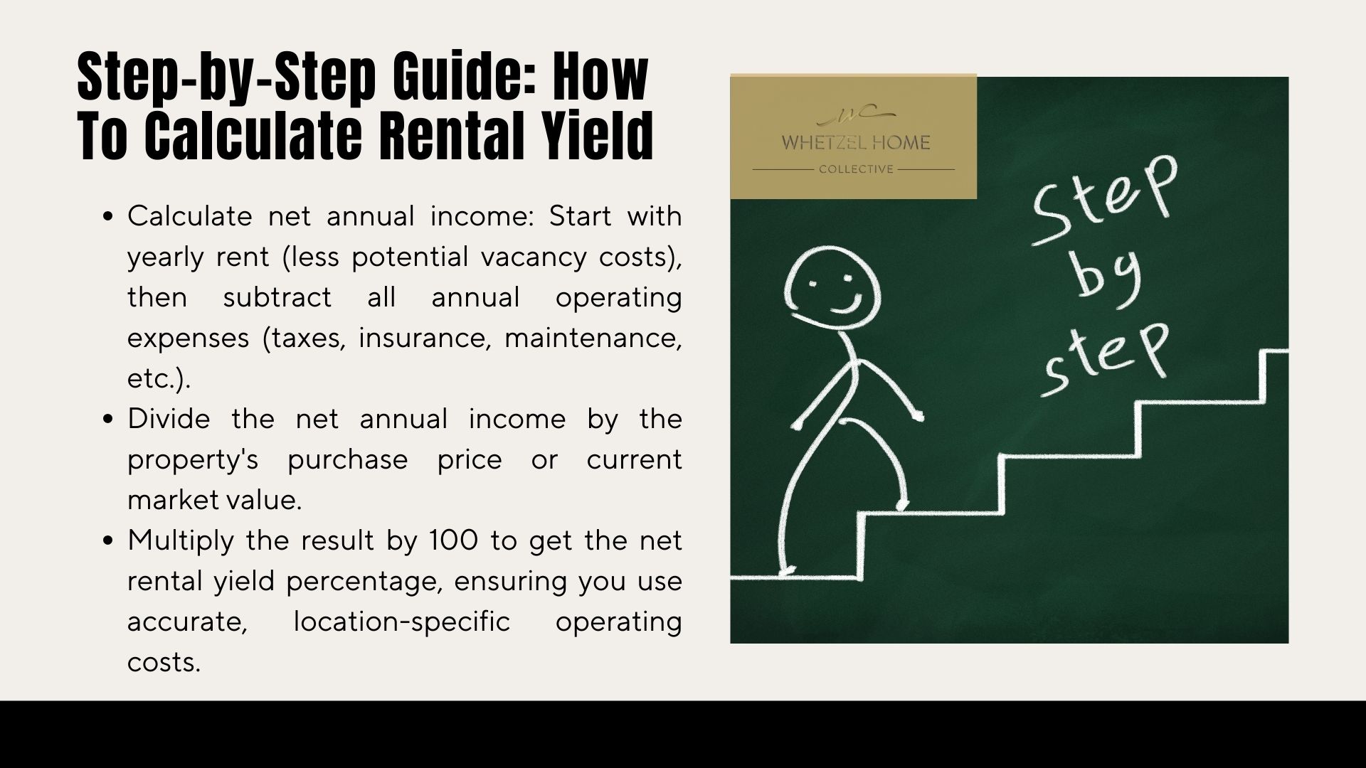 Stick figure climbing stairs on a green chalkboard, illustrating a step-by-step guide to calculating rental yield.