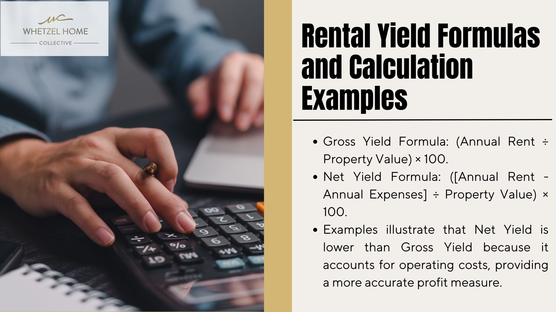 Person’s hand using a calculator with rental yield formulas for Whetzel Homes Collective real estate investment guidance.