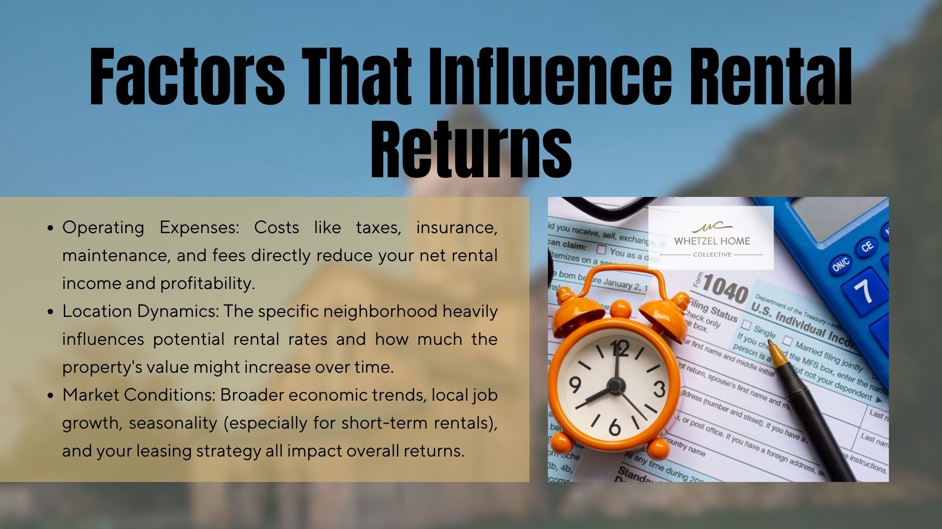 Image of rental income analysis with a clock and documents, highlighting Whetzel Homes Collective's expertise.