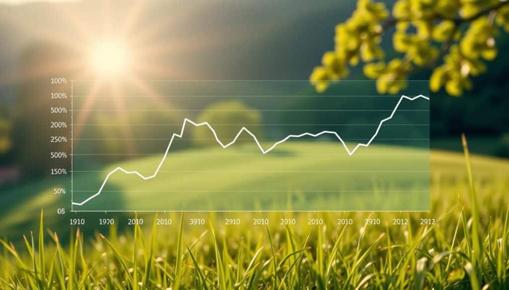 A detailed chart depicting the fluctuating mortgage rate trends over the past decade, presented against a backdrop of a serene, sun-dappled landscape. The chart, rendered in a sleek, modern style, showcases the ebb and flow of interest rates through bold, clean lines and a intuitive, easy-to-interpret visual design. The overall mood is one of clarity and insight, inviting the viewer to better understand the dynamic mortgage rate environment that shapes the real estate market. Subtle lighting casts a warm, natural glow, while a carefully-considered camera angle and lens selection emphasize the chart's prominence and legibility.