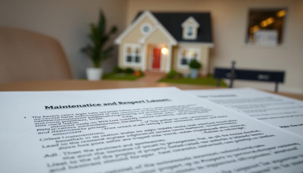 A detailed legal document with neatly organized sections and subsections, illuminated by soft, warm lighting. The text is crisp and legible, highlighting the "Maintenance and Property Care Responsibilities" section. In the foreground, a meticulously drawn leasing agreement form, its pages open to reveal the relevant clauses. The middle ground showcases a well-maintained residential property, its exterior clean and presentable. In the background, a subtle, professional office setting, suggesting the context of a professional real estate transaction.