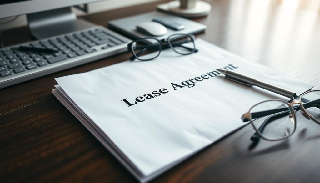 A neatly organized office desk with a legal document labeled "Lease Agreement" prominently displayed. The document's pages are slightly ruffled, suggesting it has been thoroughly reviewed. A professional-looking pen and a pair of reading glasses are placed beside the agreement, conveying a sense of thoughtful consideration. The desk is illuminated by soft, diffused lighting, creating a warm and inviting atmosphere. The background is blurred, keeping the focus on the lease agreement and the tools used to understand its contents. The overall scene evokes a sense of importance and attention to detail, reflecting the significance of a comprehensive lease agreement.