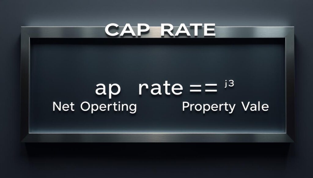 A sleek, modern calculation board showing the cap rate formula in a clean, minimalist style. The board is made of polished steel or aluminum, with crisp, legible white text against a dark background. The formula is displayed prominently in the center, with the variables 'Net Operating Income' and 'Property Value' neatly arranged around it. The lighting is soft and even, creating a professional, authoritative atmosphere. The overall composition is balanced and symmetrical, emphasizing the importance and precision of the cap rate calculation.