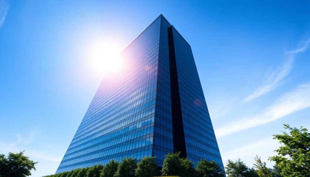 A towering modern office building stands tall against a clear blue sky, its sleek glass facade reflecting the sun's rays. The building's imposing silhouette is framed by the lush greenery of well-manicured corporate landscaping, creating a sense of refined elegance. Crisp shadows cast by the structure's sharp angles suggest a precise, architecturally-driven design. The scene is captured through a wide-angle lens, conveying a sense of grandeur and scale that emphasizes the building's imposing presence as a sound investment opportunity. The overall mood is one of confidence, stability, and the promise of a profitable, well-managed commercial real estate venture.