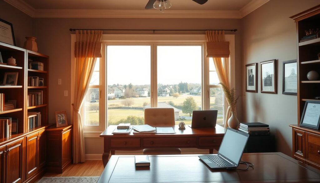 A tranquil home office with an expansive window overlooking a picturesque suburban landscape. Warm, natural lighting filters through the glass, casting a cozy glow on the workspace. An elegant wooden desk is the centerpiece, adorned with a laptop, a stack of tax documents, and a calculator. Shelves along the walls display books and framed financial certificates, hinting at the homeowner's expertise in home improvement tax benefits. The overall atmosphere conveys a sense of professionalism, organization, and the rewarding pursuit of financial knowledge.