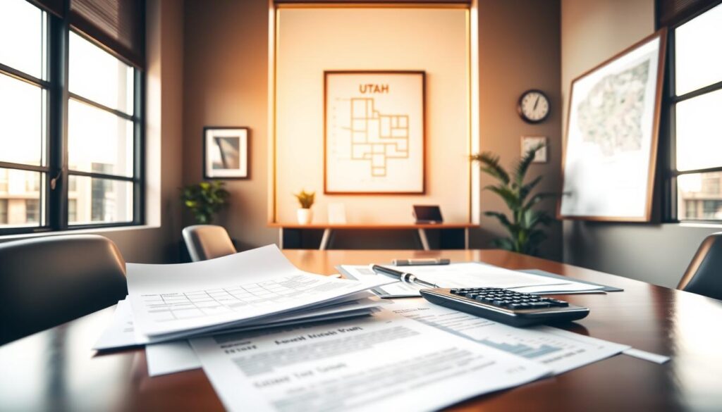 A modern office interior, bathed in warm, natural lighting from large windows. On the desk, financial documents, a laptop, and a calculator - signifying the tax and financial considerations of a real estate partnership. In the background, a framed map of Utah, underscoring the local focus of the section. The overall mood is one of professionalism, attention to detail, and a touch of minimalism, reflecting the specialized nature of the topic.
