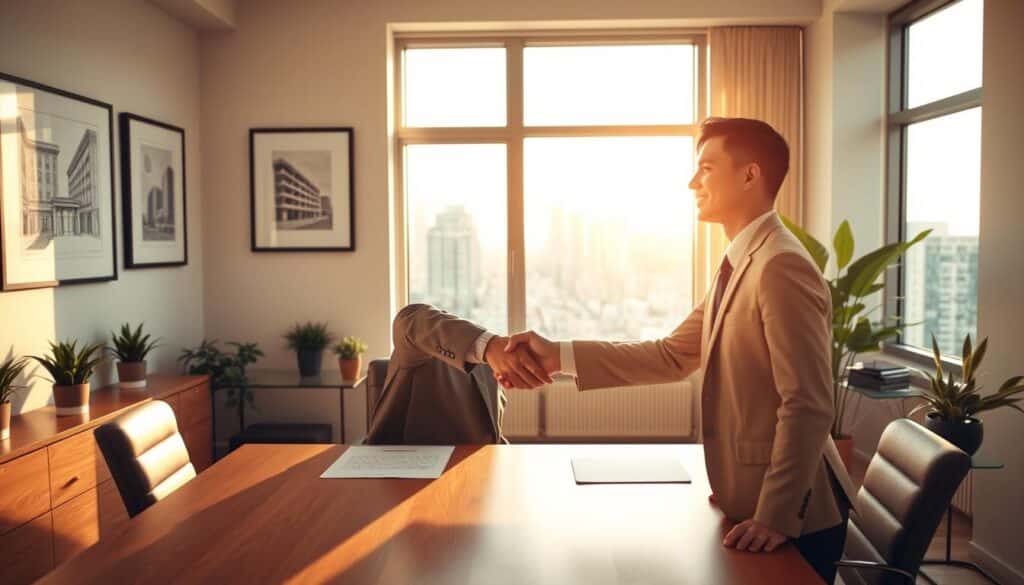 A serene, well-lit office setting with two businesspeople shaking hands across a wooden desk, signifying the formation of a real estate partnership. The room is decorated with framed architectural drawings, potted plants, and a large window offering a view of a bustling city skyline. Warm, natural lighting filters through the space, creating a sense of professionalism and collaboration. The figures are dressed in business attire, conveying an atmosphere of trust, negotiation, and the start of a promising venture in the real estate industry.