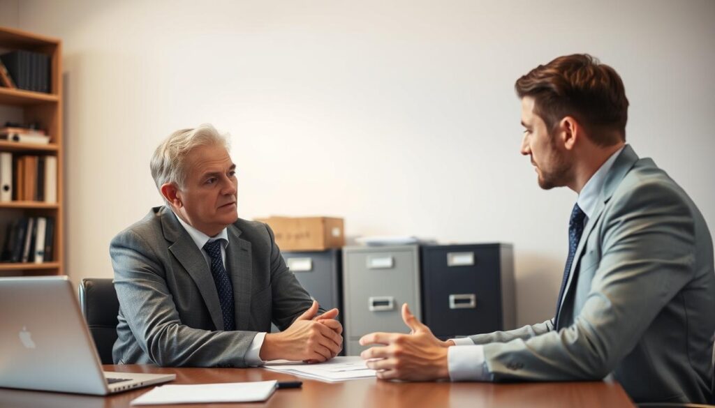 A well-lit office interior, with a landlord and tenant seated at a desk, discussing eviction procedures. The landlord, dressed in a suit, maintains a professional demeanor, while the tenant, appearing concerned, listens intently. In the background, a bookshelf and filing cabinets suggest the formal, legal nature of the proceedings. Soft, indirect lighting casts a warm, reassuring glow, conveying a sense of guidance and support. The composition emphasizes the landlord's role in guiding the tenant through the eviction process, with an atmosphere of empathy and understanding.
