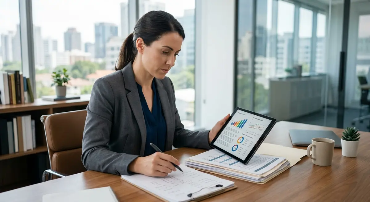 Real estate investor reviewing mortgage documents and financial charts on a tablet