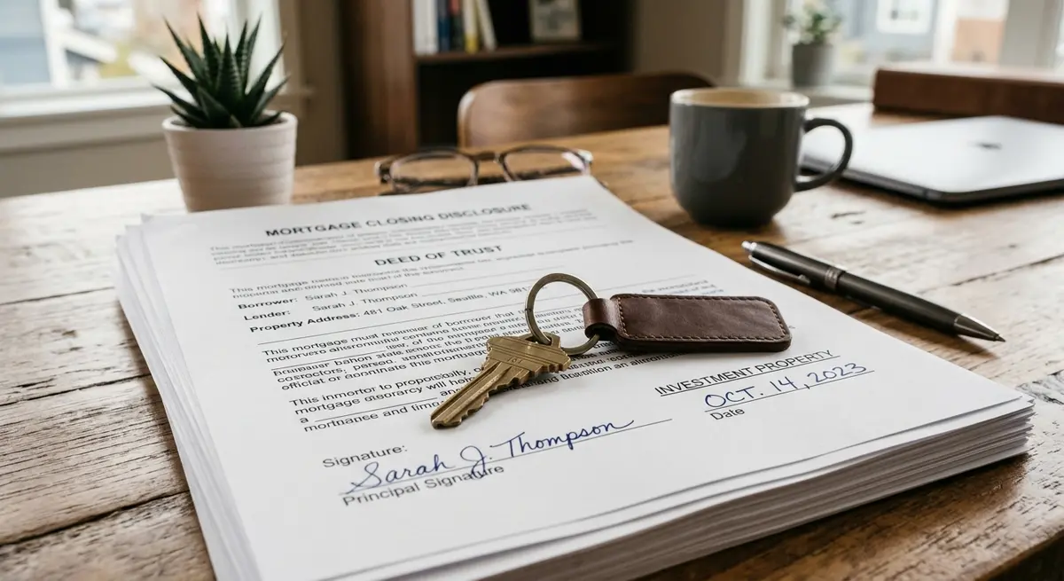 Keys to a new investment property resting on signed mortgage closing documents