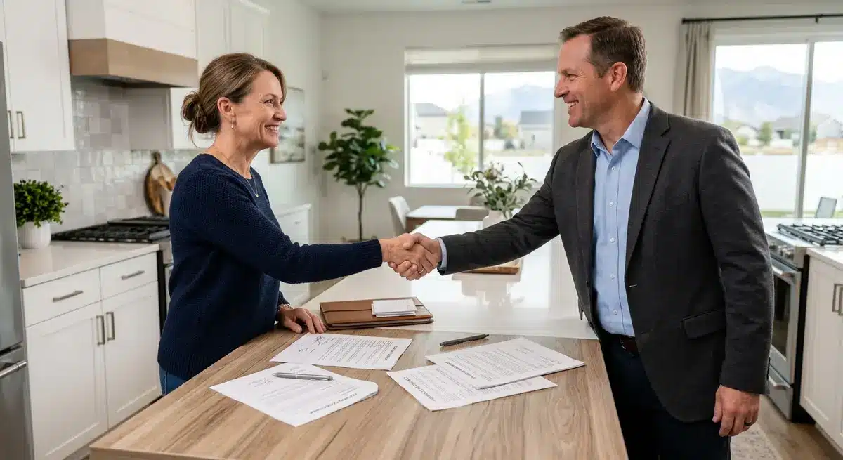 A Utah homeowner shaking hands with a direct cash buyer after signing closing documents on a kitchen island