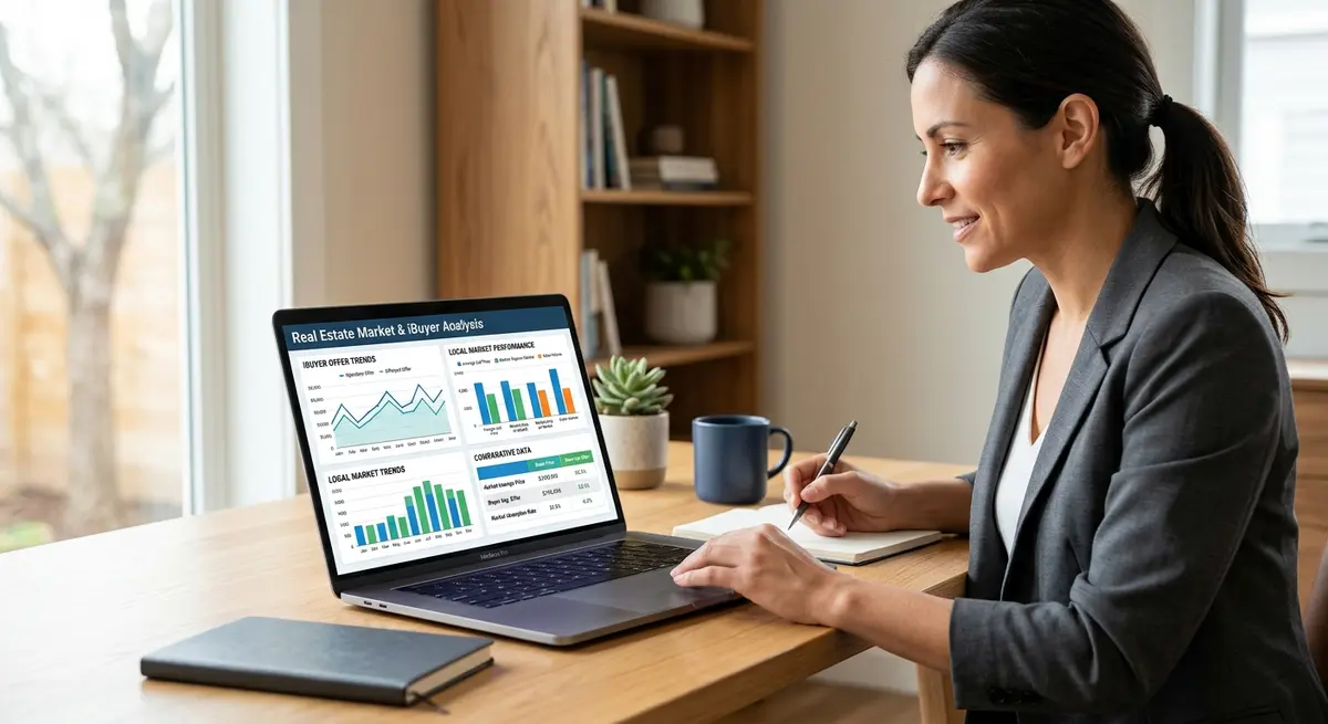 A laptop screen displaying a real estate analytics dashboard comparing iBuyer offers and local market trends