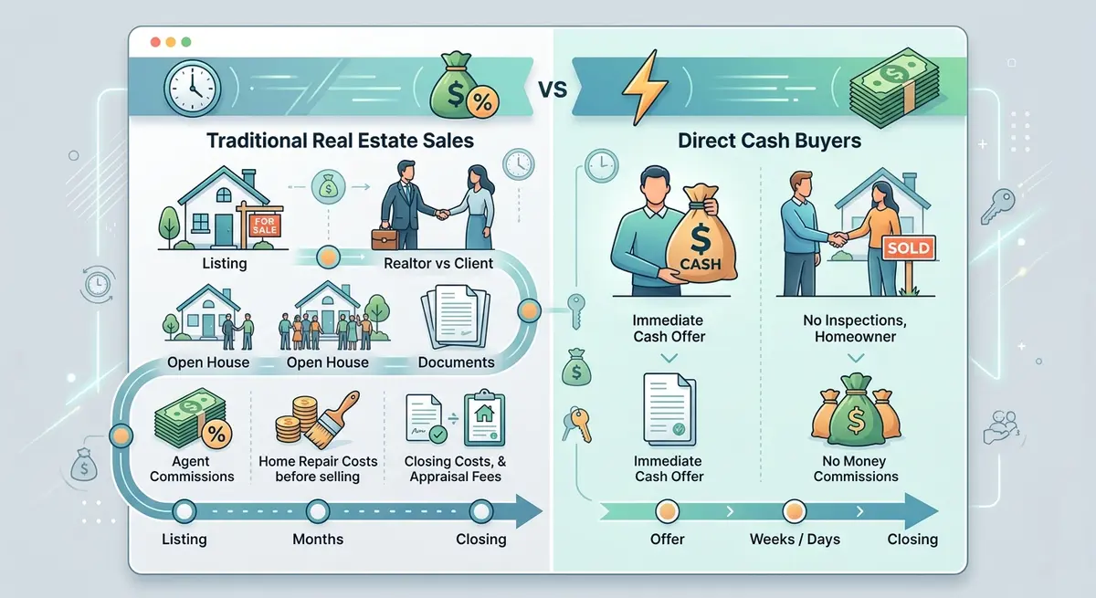 A side-by-side comparison chart showing the timeline and costs of traditional real estate sales versus direct cash buyers