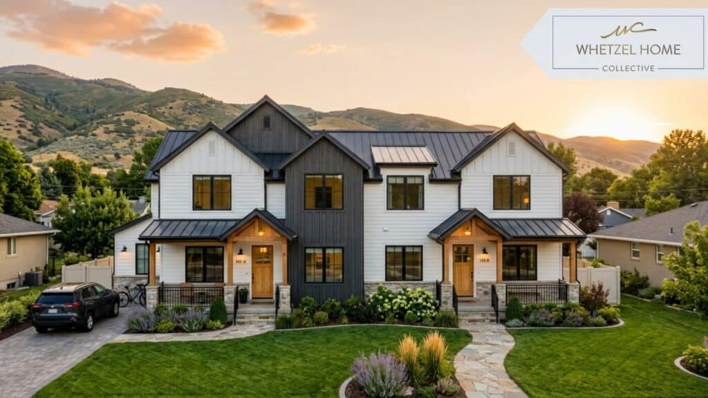 A beautifully renovated multi-family duplex property in a serene Utah suburb, modern farmhouse exterior, manicured lawn, golden hour sunlight casting warm shadows, photorealistic architectural photography.
