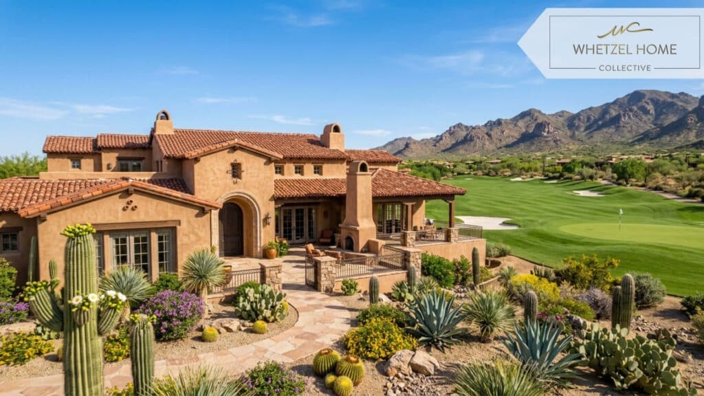 A luxurious southwestern-style stucco home with a terracotta tile roof, desert landscaping featuring agave and blooming cacti, overlooking a manicured golf green under a clear blue sky, photorealistic architectural photography, bright natural lighting.