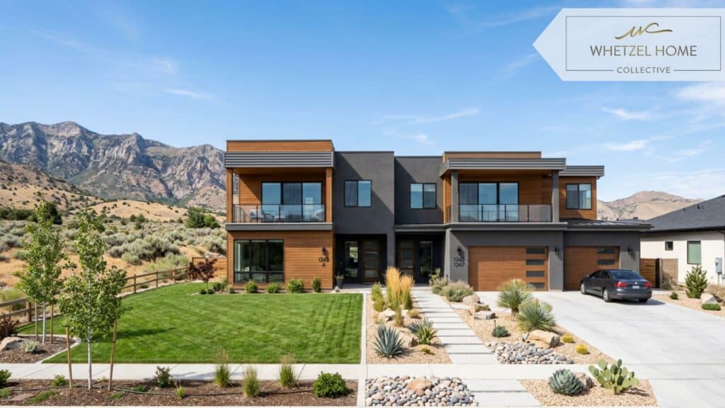 A modern multi-family duplex property in Utah with a well-manicured lawn and desert landscaping, clear blue sky, natural bright lighting, clean architectural photography style.