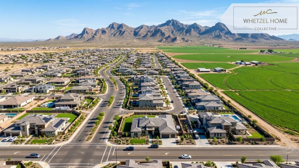 A drone aerial view of a modern suburban neighborhood featuring large property lots, wide streets, and newly constructed houses, situated right next to vibrant green agricultural fields. Majestic desert mountains in the background under a clear blue sky. Photorealistic, high-resolution aerial real estate photography, bright natural sunlight.